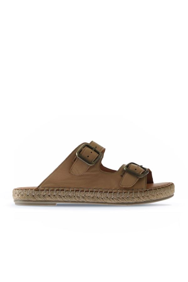 Bej Deri Kadın Düz Terlik