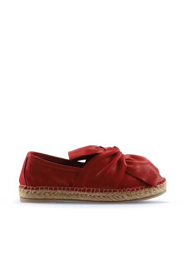 Kırmızı Simli Deri Kadın Espadril Ayakkabı