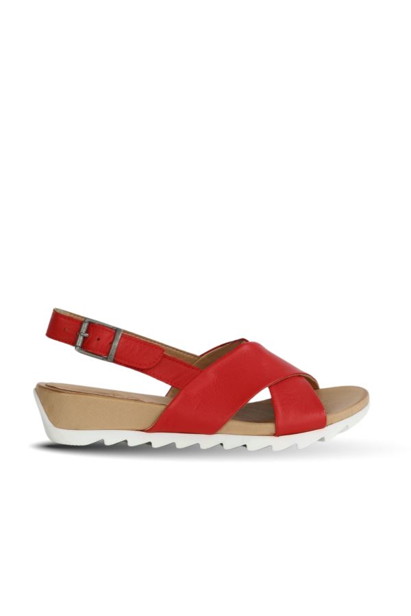 Kırmızı Deri Kadın Düz Sandalet