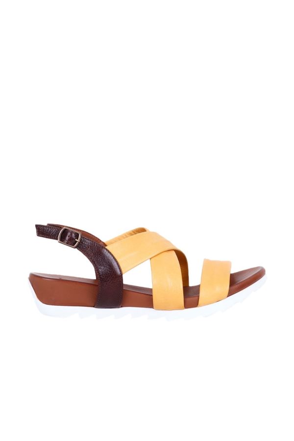 Sarı Deri Kadın Düz Sandalet