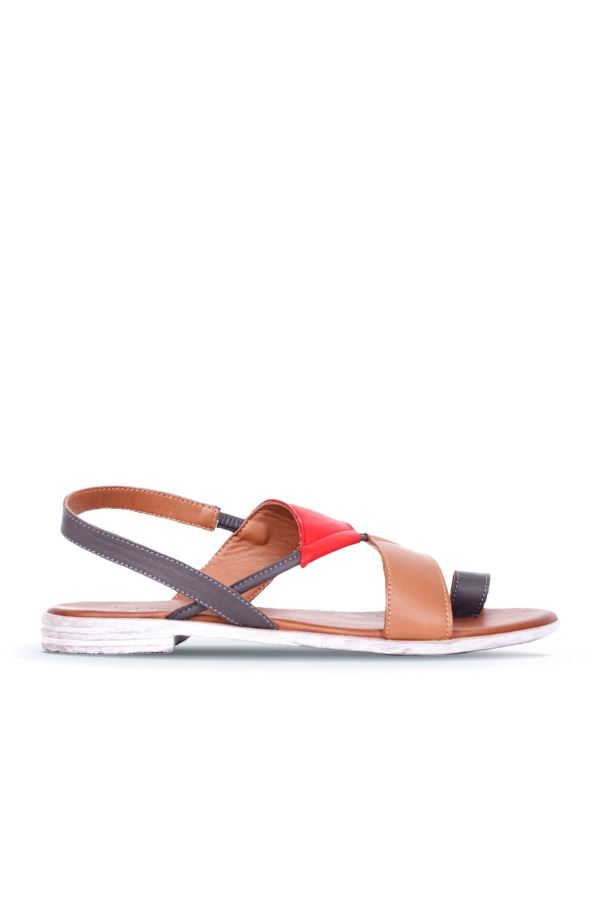 Taba Kırmızı Deri Kadın Parmak Arası Sandalet