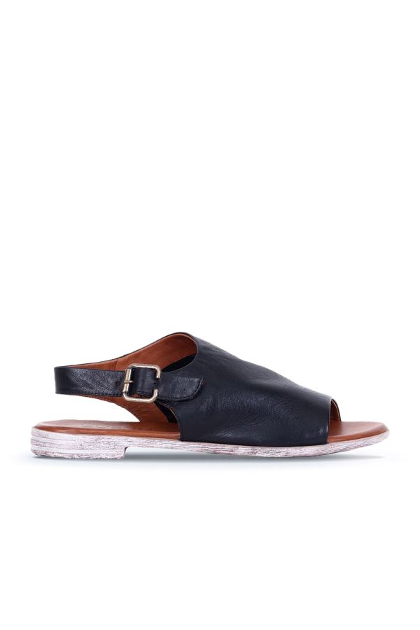 Siyah Deri Kadın Düz Sandalet