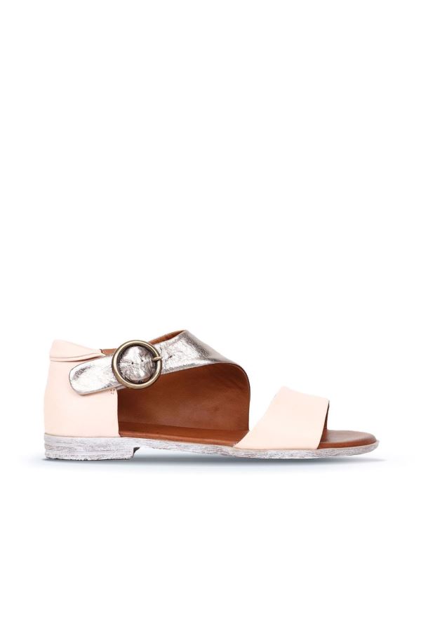 Pudra Vizon Deri Kadın Düz Sandalet