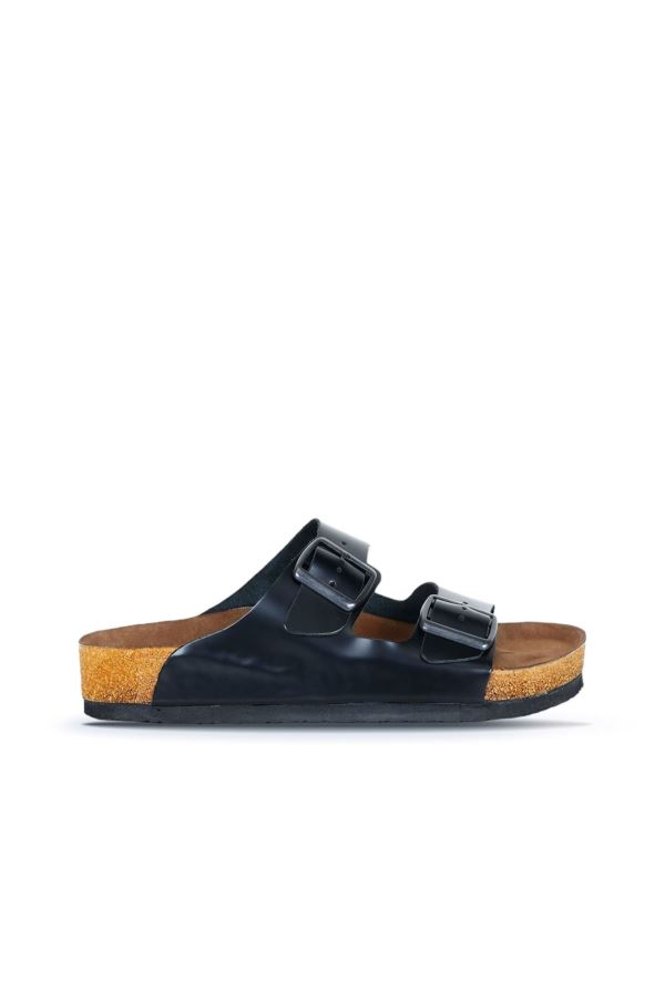 Siyah Açma Deri Kadın Düz Terlik