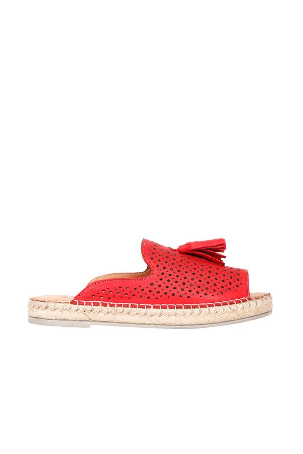 Kırmızı Deri Kadın Espadril Terlik
