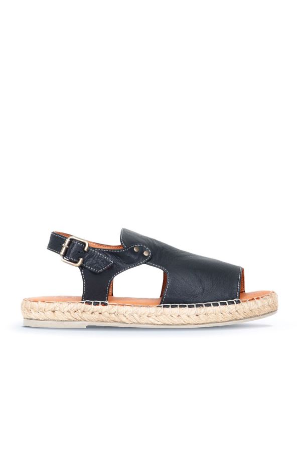 Siyah Deri Kadın Espadril Sandalet