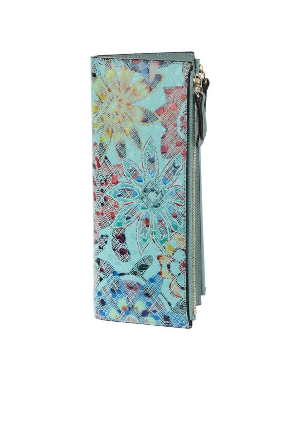Yeşil Su Çiçekli Deri Kadın Cüzdan