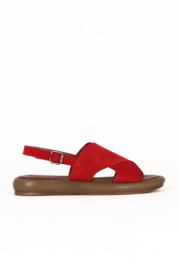 Kırmızı Alf Süet Kadın Düz Sandalet