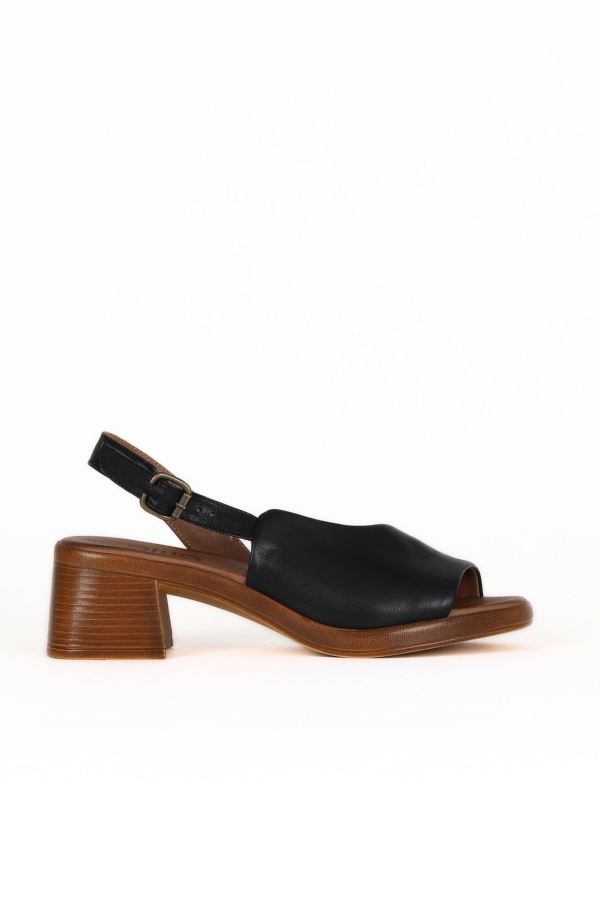Siyah Deri Kadın Topuklu Sandalet