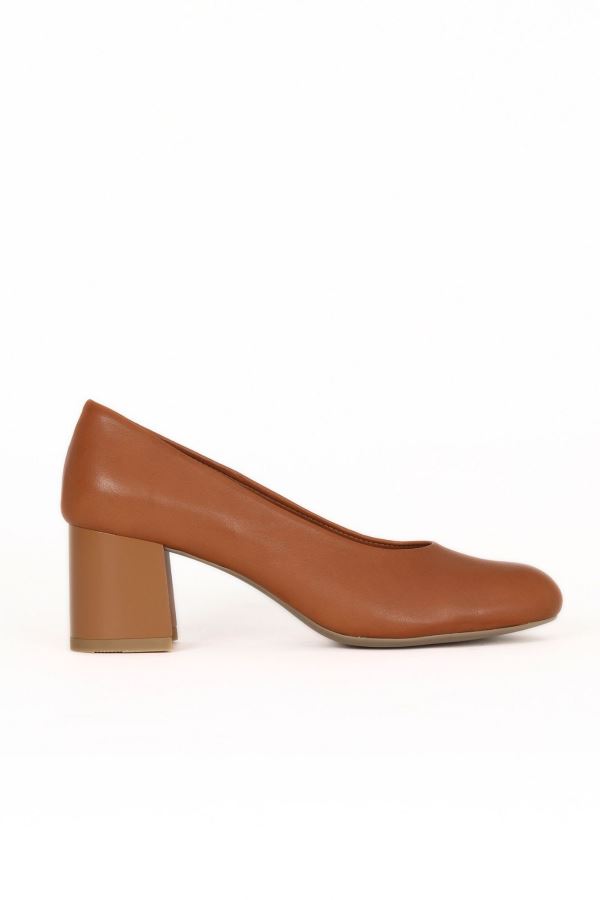 Taba Koyu Deri Kadın Topuklu Ayakkabı