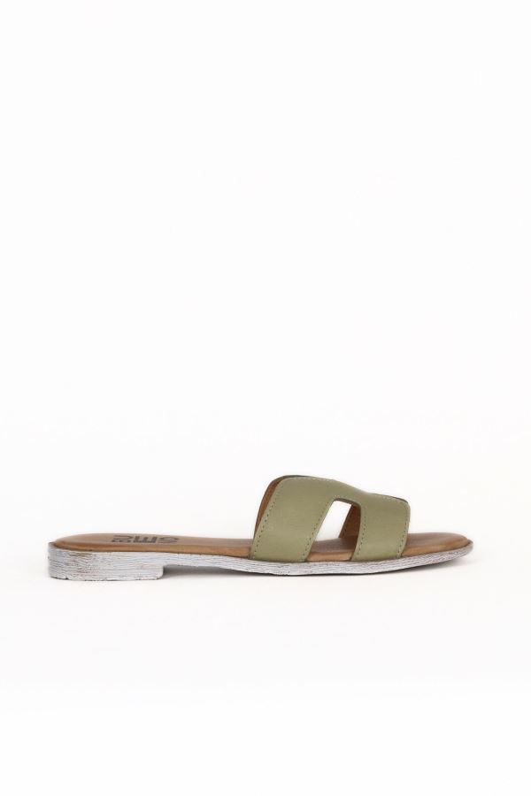 Haki Deri Kadın Düz Terlik