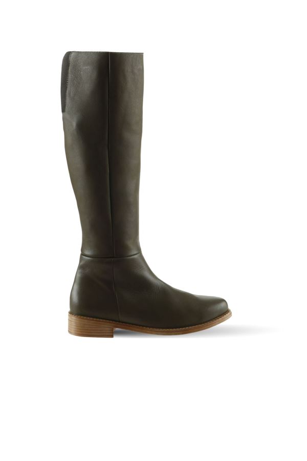 Haki Deri Kadın Düz Çizme