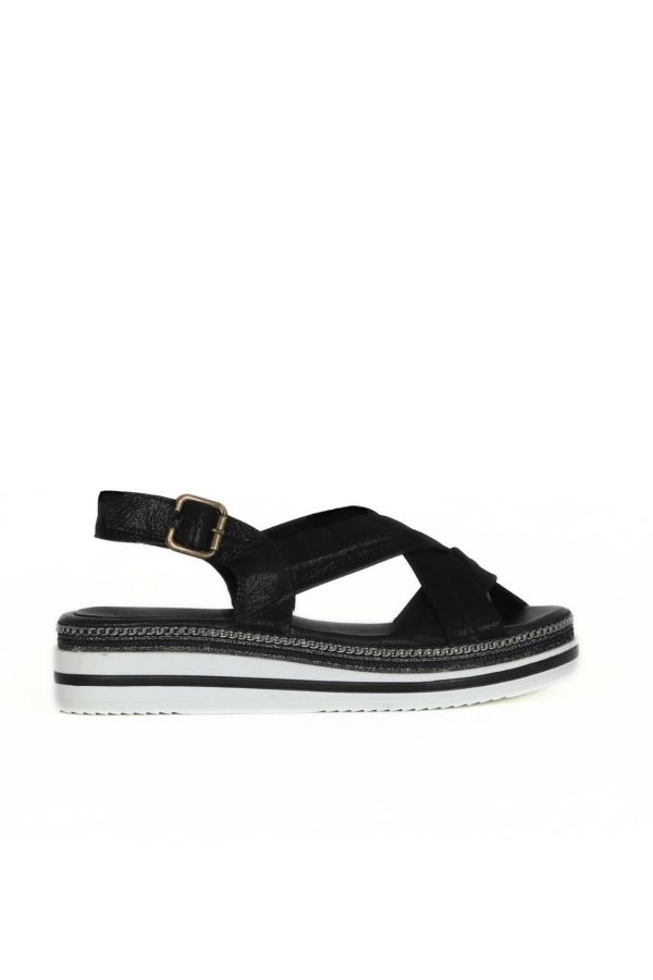 Siyah Saten Deri Kadın Düz Sandalet