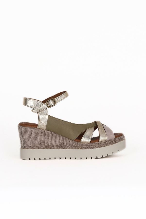 Haki Multi Deri Kadın Dolgu Topuklu Sandalet