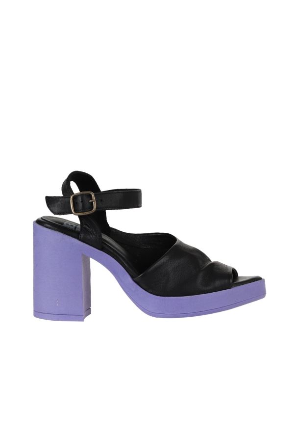 Siyah Lila Deri Kadın Topuklu Sandalet