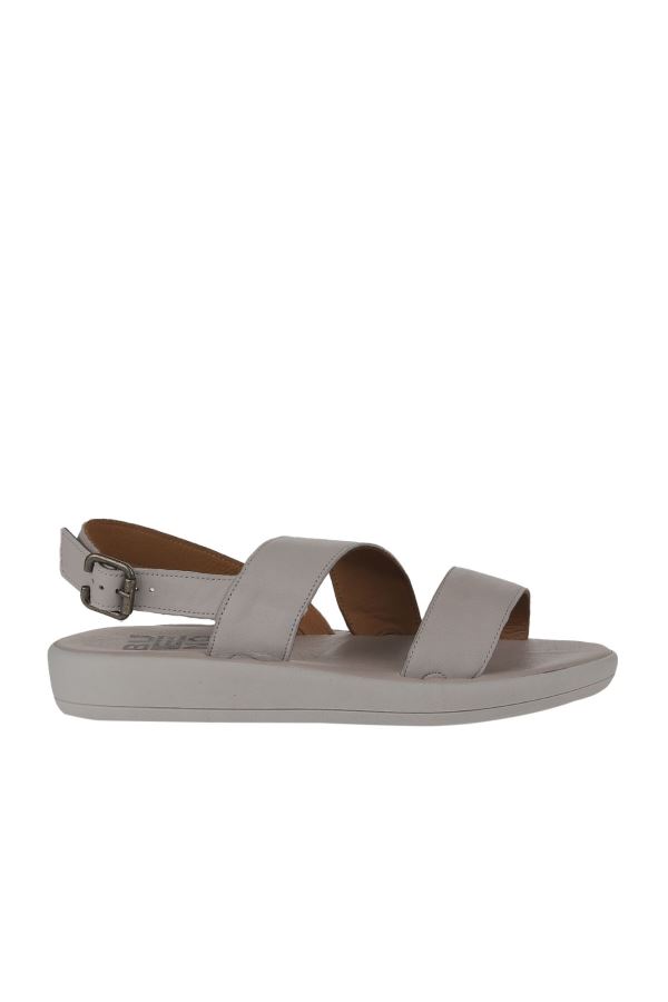 Gri Deri Kadın Düz Sandalet