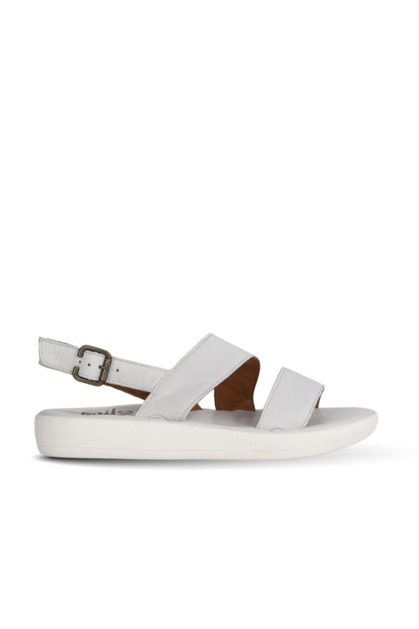 Beyaz Kırık Deri Kadın Düz Sandalet