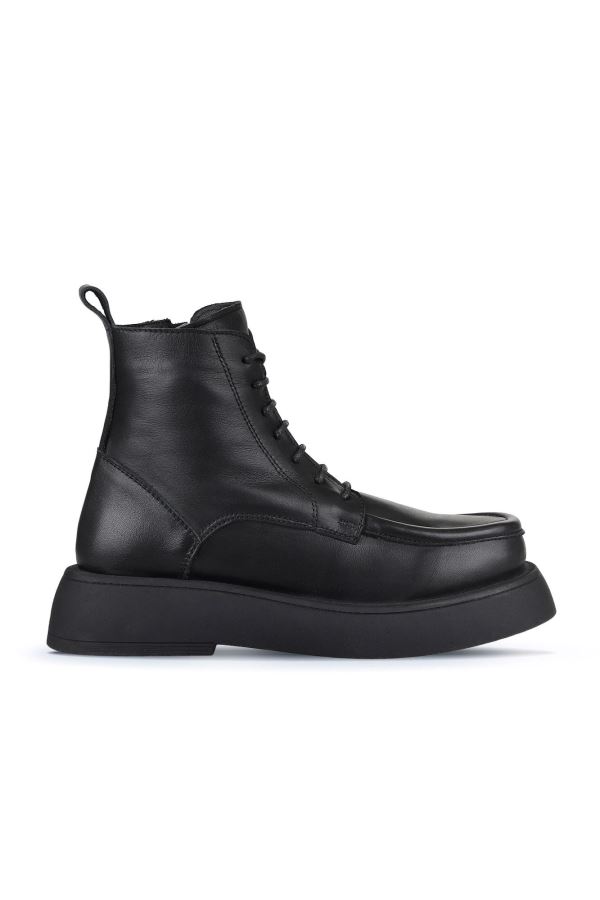 Siyah Deri Kadın Dolgu Topuklu Bot