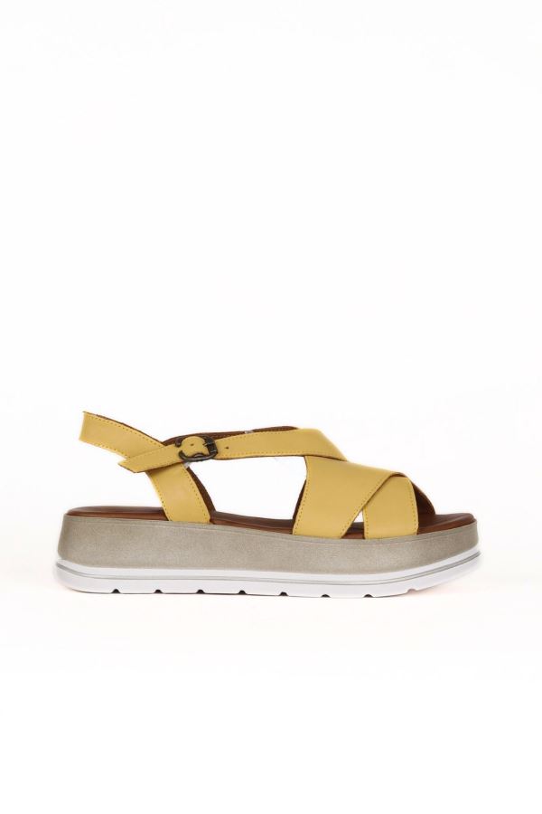 Sarı Deri Kadın Düz Sandalet