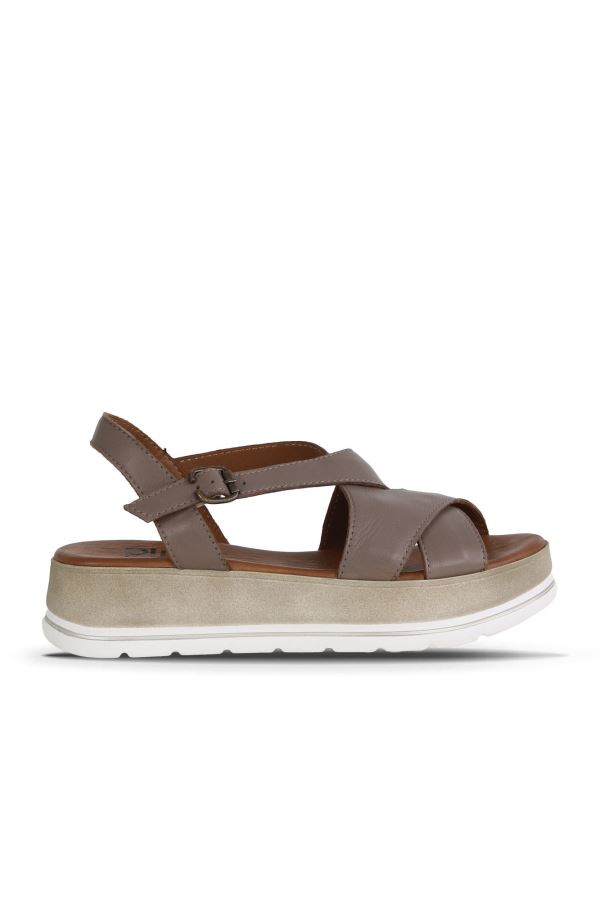 Gri Deri Kadın Düz Sandalet