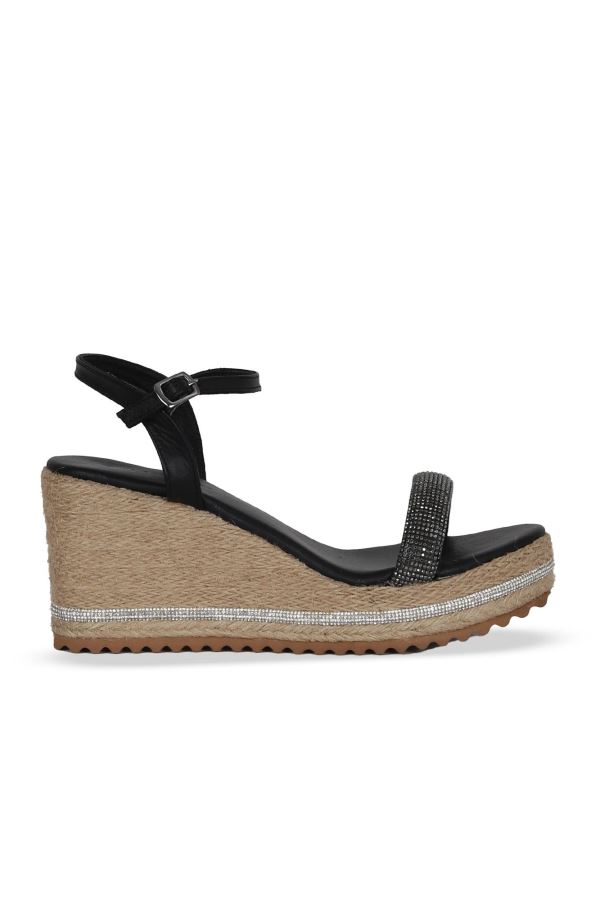 Siyah Taşlı Deri Kadın Dolgu Topuklu Sandalet