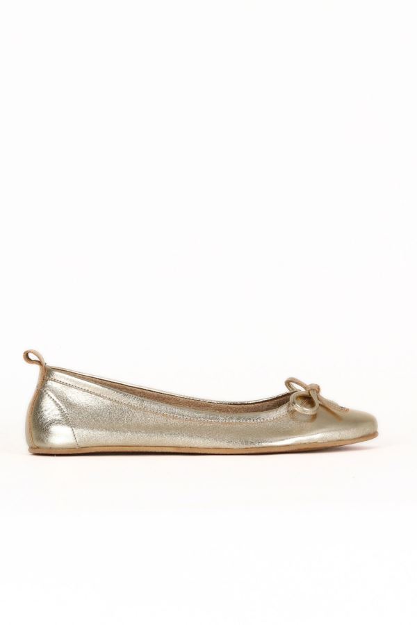 Altın Parlak Deri Kadın Düz Babet