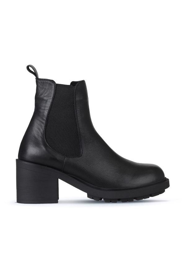 Siyah Deri Kadın Topuklu Bot