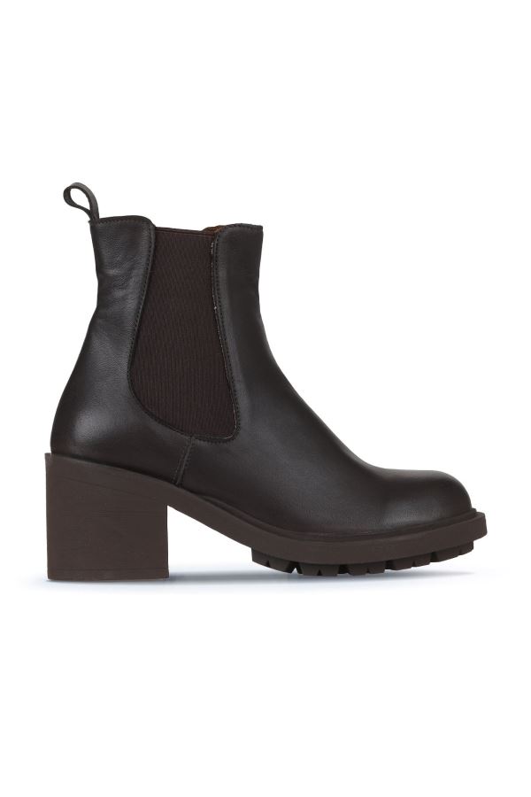 Kahverengi Deri Kadın Topuklu Bot