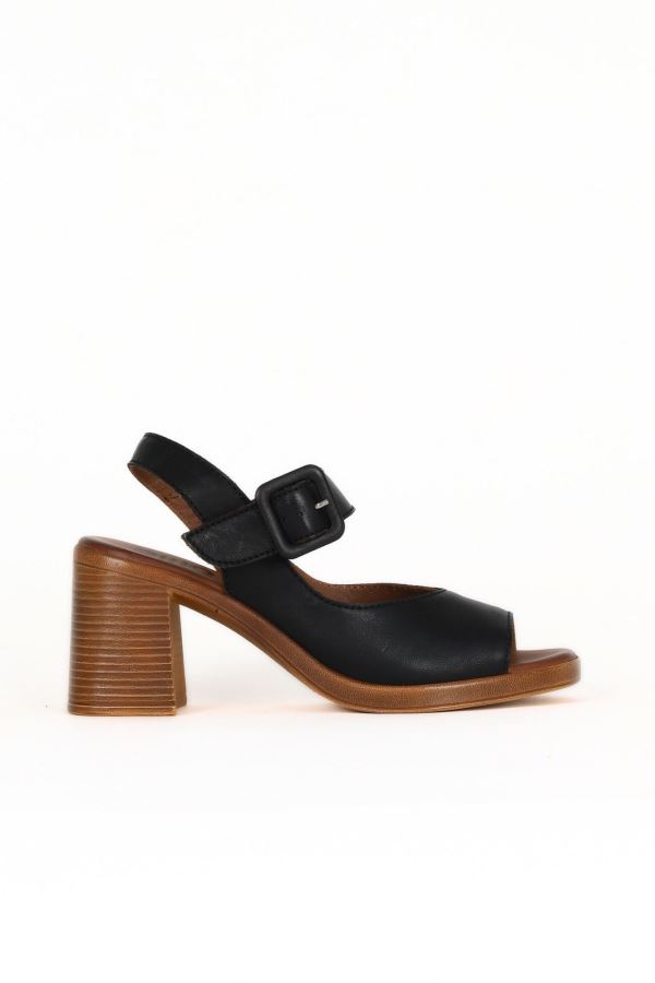 Siyah Deri Kadın Topuklu Sandalet