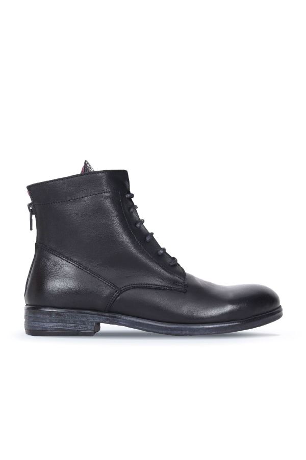 Siyah Deri Kadın Düz Bot