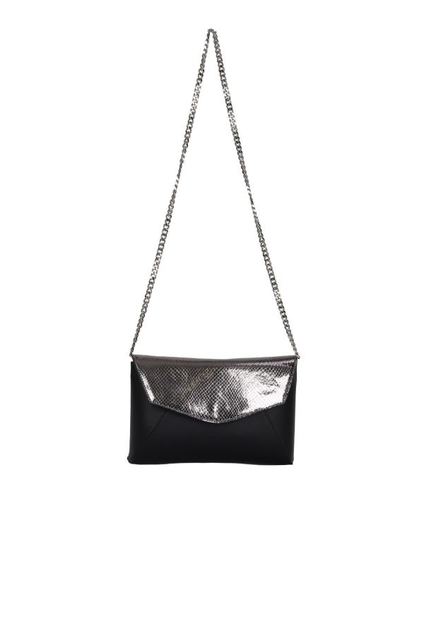 Siyah Deri-Çelik Yılan Kadın Kol Çantası