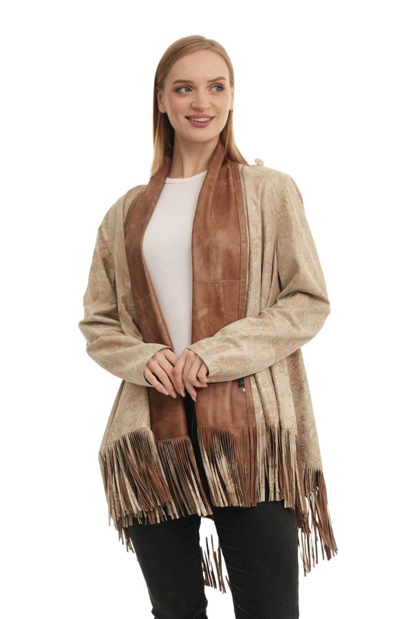 Bej Florance Kadın Deri Panço