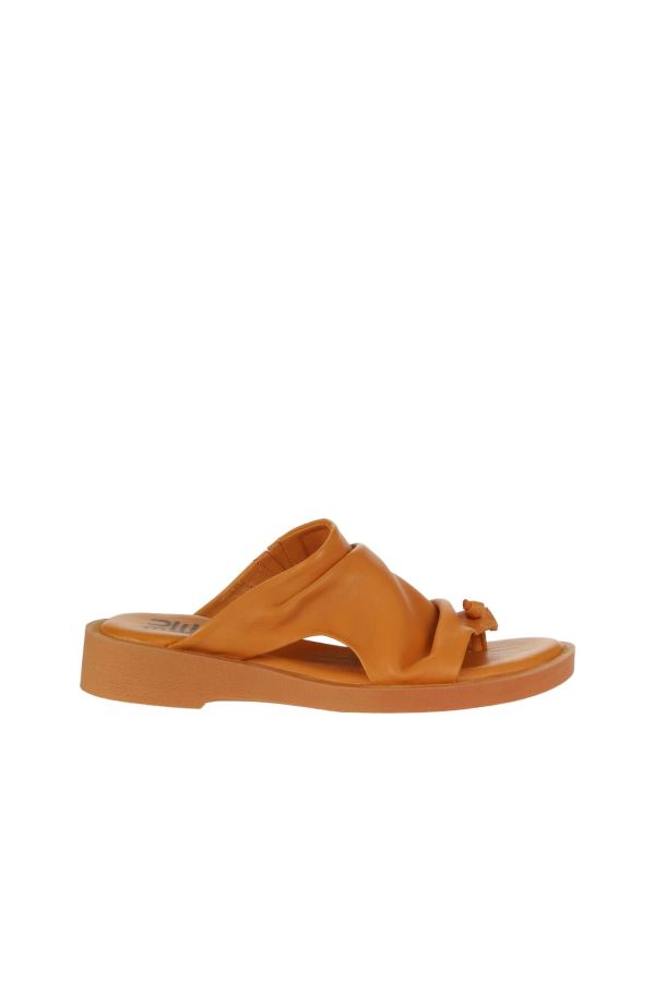 Turuncu Deri Kadın Düz Terlik