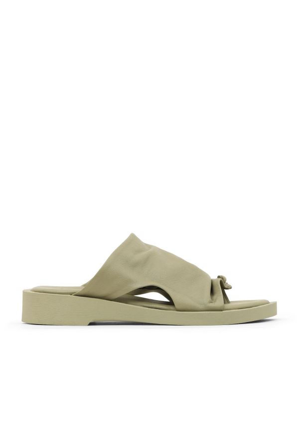 Haki Deri Kadın Düz Terlik 