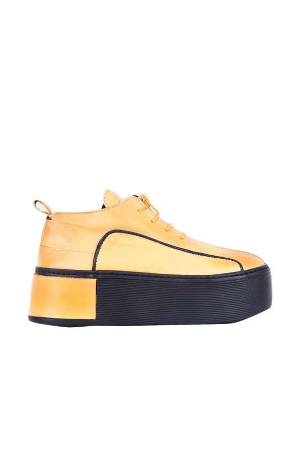 Sarı Deri Kadın Dolgu Topuklu Ayakkabı