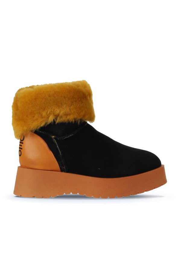 Turuncu Siyah Deri-Süet Kadın Dolgu Topuklu Bot