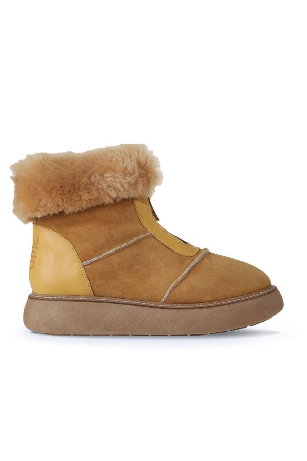 Sarı Deri-Süet Kadın Dolgu Topuklu Bot