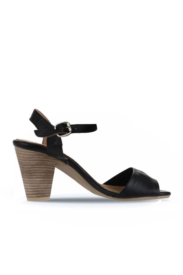 Siyah Deri Kadın Topuklu Sandalet