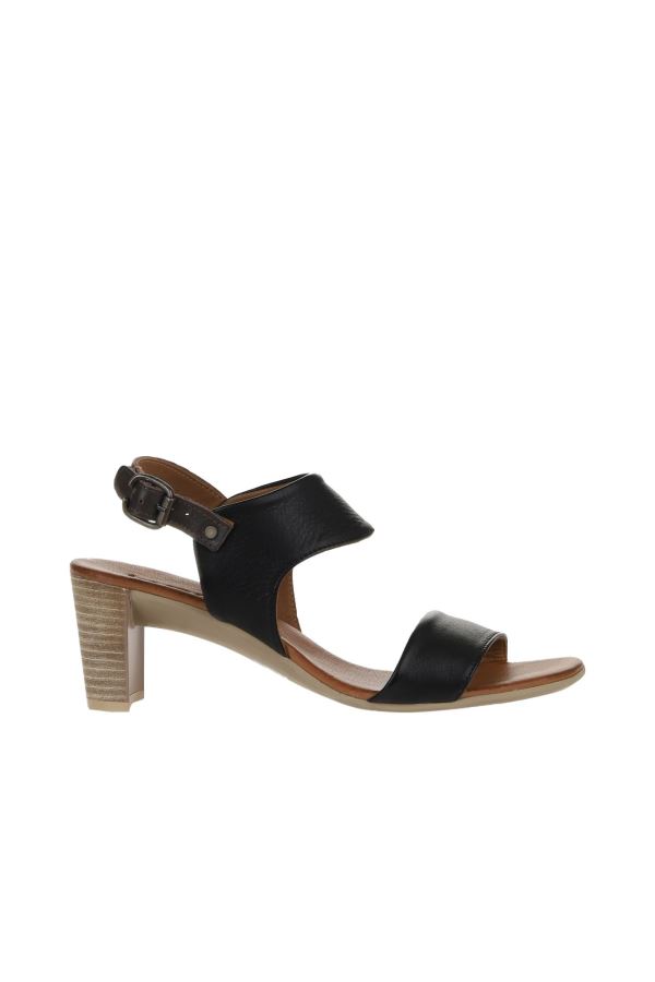 Siyah Deri Kadın Topuklu Sandalet