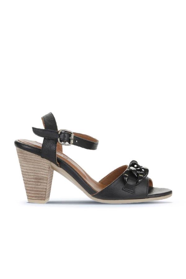 Siyah Khv-Bej Deri Kadın Topuklu Sandalet