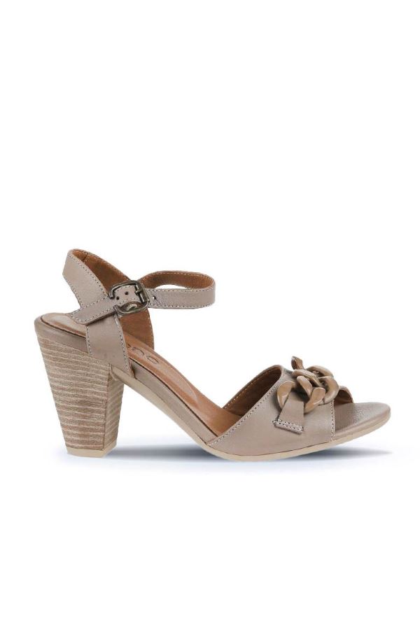 Gri Deri Kadın Topuklu Sandalet