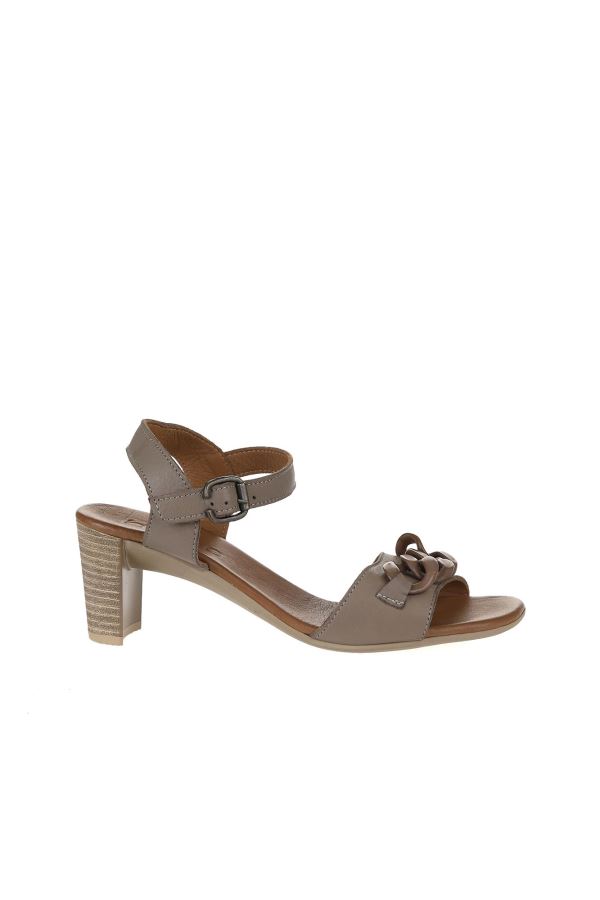 Gri Deri Kadın Topuklu Sandalet