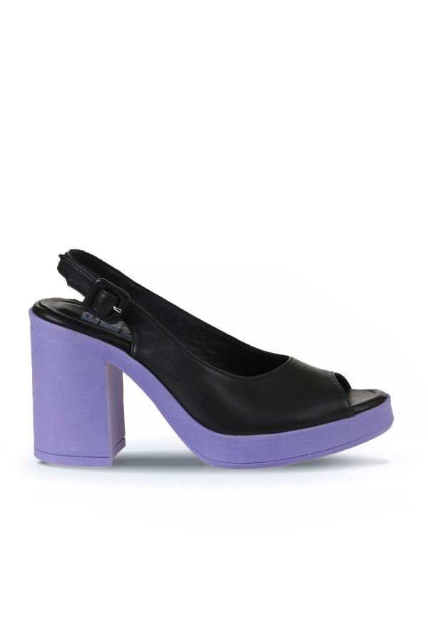 Siyah Lila Deri Kadın Topuklu Sandalet 