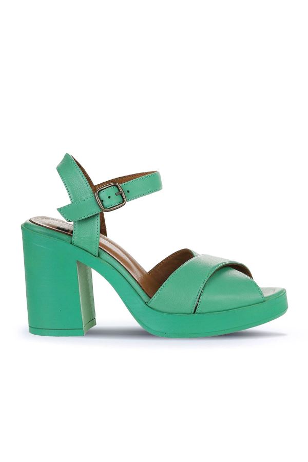 Yeşil Koyu Deri Kadın Topuklu Sandalet