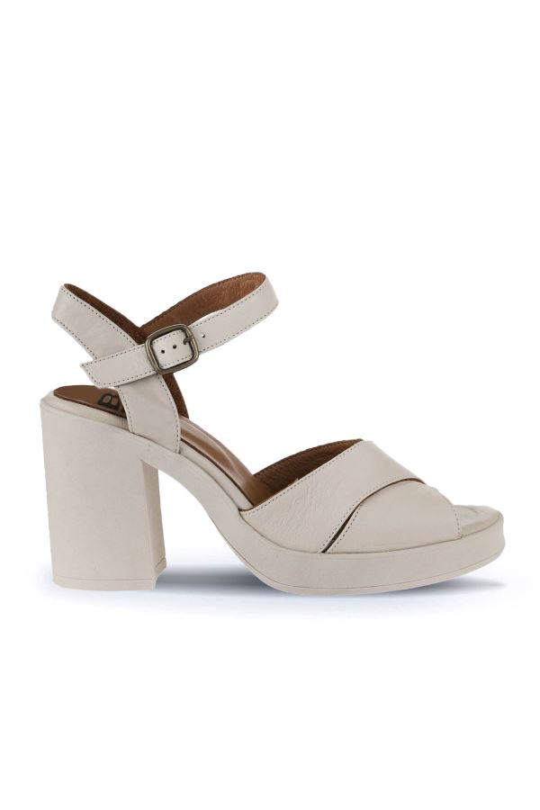 Krem Deri Kadın Topuklu Sandalet