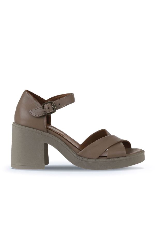 Gri Deri Kadın Topuklu Sandalet