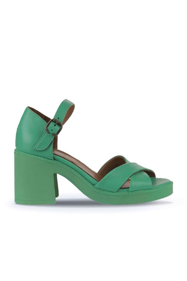 Yeşil Koyu Deri Kadın Topuklu Sandalet