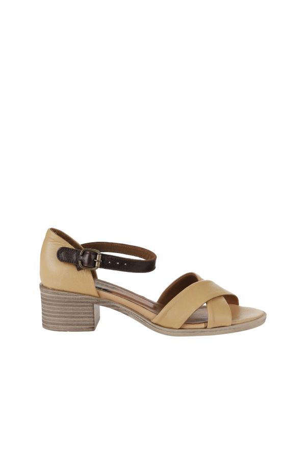 Bej Kahve Deri Kadın Topuklu Sandalet
