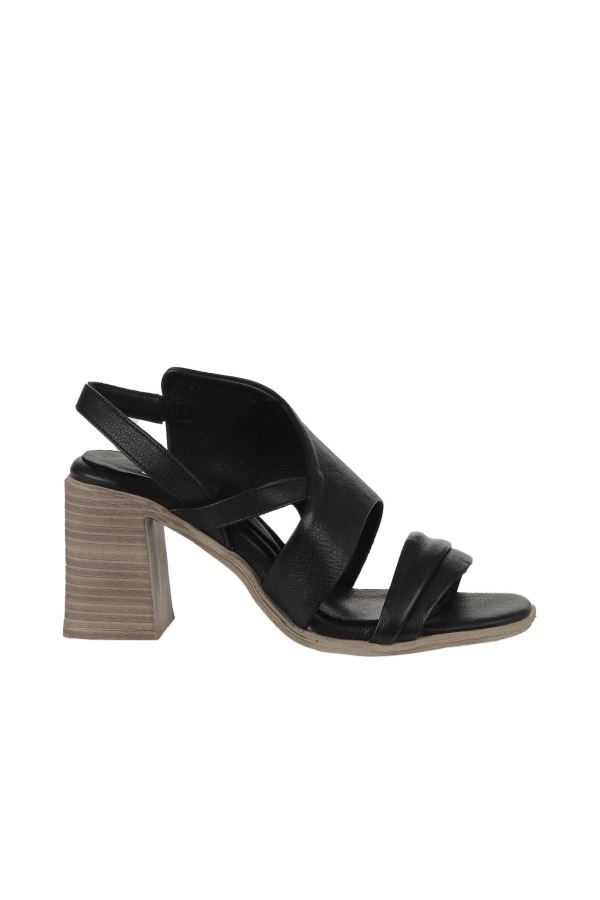 Siyah Deri Kadın Topuklu Sandalet
