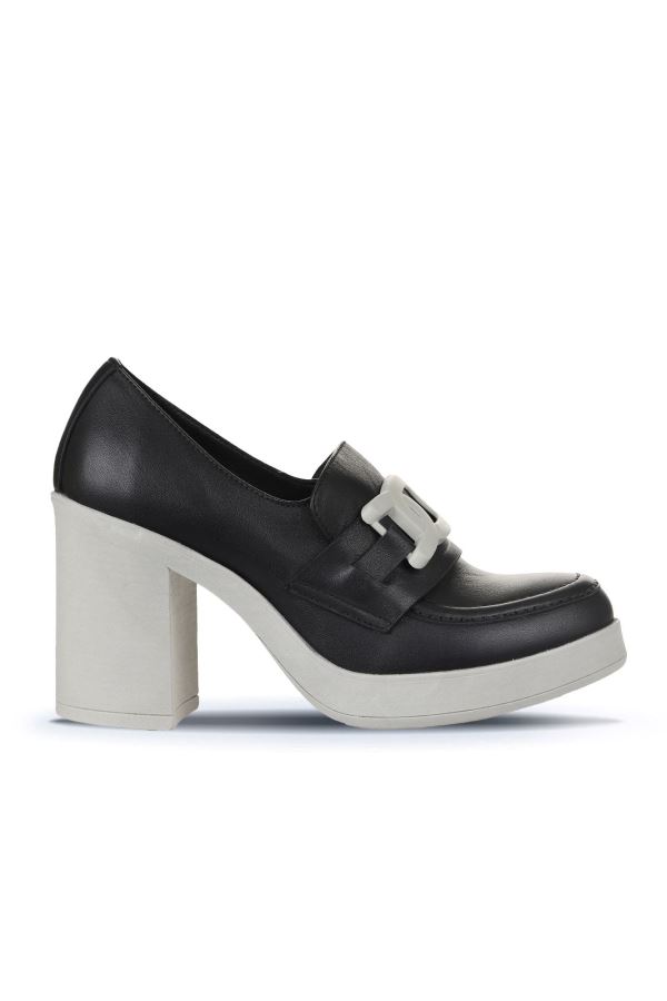 Siyah Gri Deri Kadın Topuklu Ayakkabı